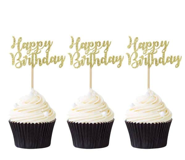 Glitter Happy Birthday Cupcake Toppers Cake Picks for Party Decoration Supplies in Gold Glitter