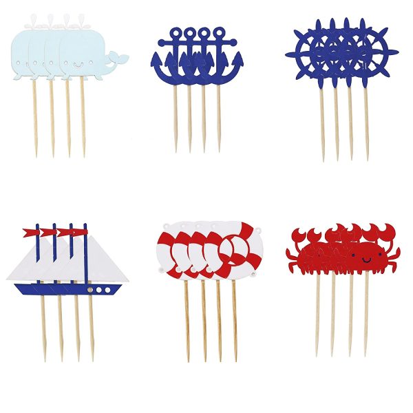 Nautical Cupcake Toppers for Ocean Sailing Theme Party Birthday Party Baby Shower Wedding Party Decorations (Sailboat, Whale, Crab, Anchor, Life Ring, Helm)