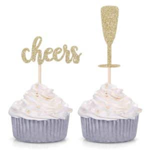 Gold Glitter Cheers and Champagne Glasses Cupcake Toppers for Baby Shower Wedding Engagement Celerating Party Decorations
