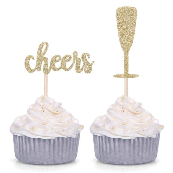 Gold Glitter Cheers and Champagne Glasses Cupcake Toppers for Baby Shower Wedding Engagement Celerating Party Decorations