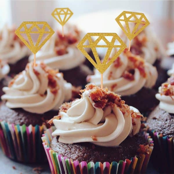 Gold Glitter Diamond Ring Donut Toppers Cupcake Picks for Bridal Shower Engagement Party Decorations