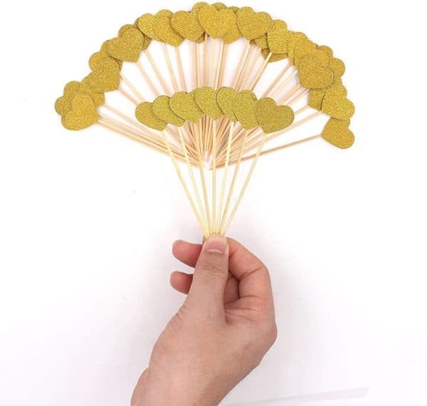 Heart Cupcake Toppers Sweet Love Theme Hearts Food Picks for Valentine Wedding Engagement Bridal Shower Birthday Party Cake Decorations - Gold