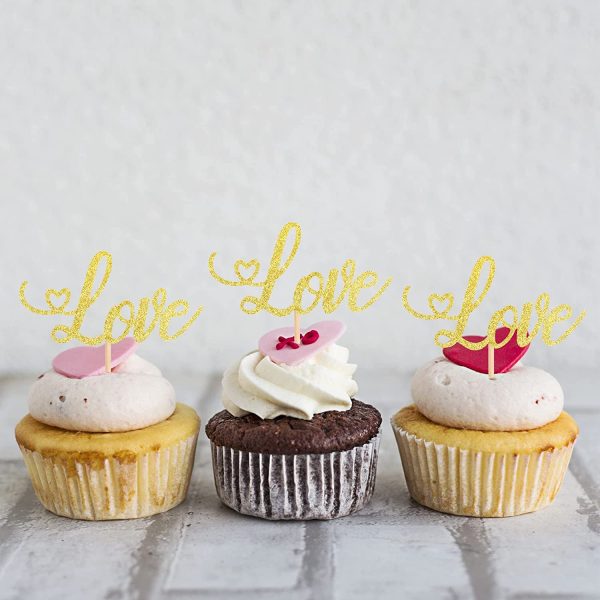 Valentine's Day Love Cupcake Toppers with Glitter Heart Letter Sweet Love Cupcake Picks Valentine's Day Theme Wedding Engagement Bridal Shower Birthday Party Cake Decorations (Gold)