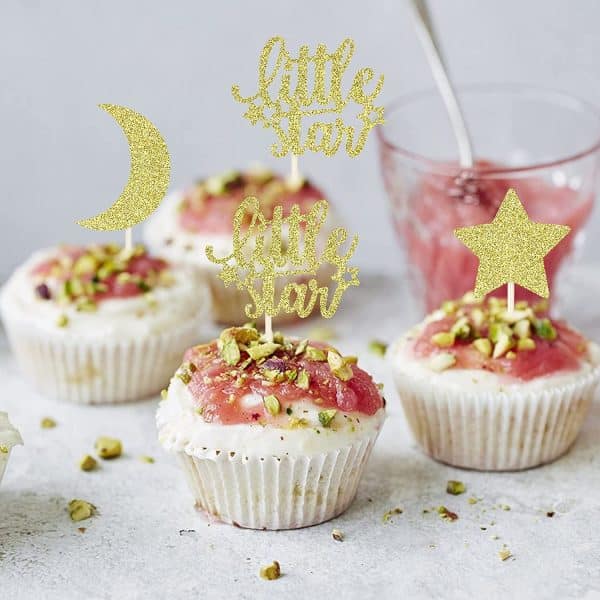 Little Star Cupcake Toppers with Moon Gold Glitter Star Cupcake Picks Baby Shower Kids Birthday Party Cake Decorations Supplies
