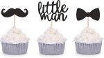 Black Little Man Mini Mustache Bowtie Cupcake Toppers for Baby Shower Party Decorations