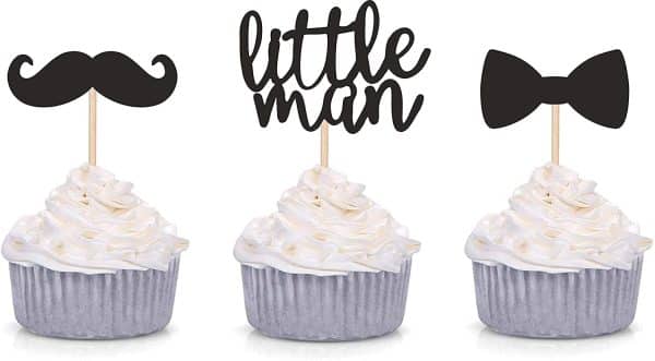 Black Little Man Mini Mustache Bowtie Cupcake Toppers for Baby Shower Party Decorations