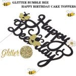 Happy Bee Day Cake Topper Decoration for Bee Bumble Themed Happy 1st 2nd Birthday Party Baby Shower Glitter Bee Cake Topper Photo Booth Prop Supplies (Bee Theme Glitter Cake topper)