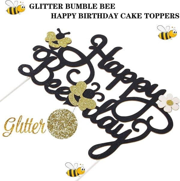 Happy Bee Day Cake Topper Decoration for Bee Bumble Themed Happy 1st 2nd Birthday Party Baby Shower Glitter Bee Cake Topper Photo Booth Prop Supplies (Bee Theme Glitter Cake topper)