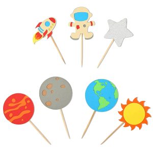 Space Astronaut Cupcake Toppers Planet Rocket Spaceship Trip to the Moon Star Cupcake Food Picks Universe Outer Space Theme Baby Shower Kids Birthday Party Cake Decorations