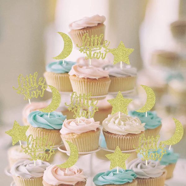 Little Star Cupcake Toppers with Moon Gold Glitter Star Cupcake Picks Baby Shower Kids Birthday Party Cake Decorations Supplies
