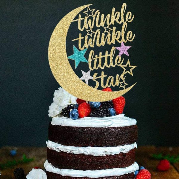 Twinkle Twinkle Little Star Cake Topper, Half Moon Multi Color Little Star Birthday Party Baby Shower Glitter Party Decorations