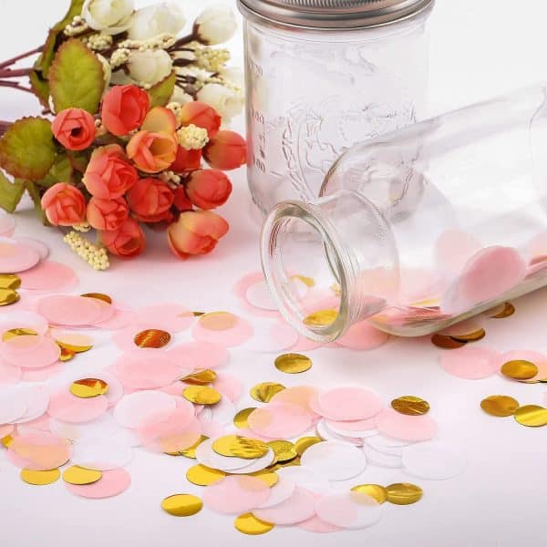 Premium 1-inch Round Tissue Paper Party Table Confetti - 10/15 Grams (Pink, White, Gold Mylar Flakes)