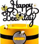 Happy Bee Day Cake Topper Decoration for Bee Bumble Themed Happy 1st 2nd Birthday Party Baby Shower Glitter Bee Cake Topper Photo Booth Prop Supplies (Bee Theme Glitter Cake topper)