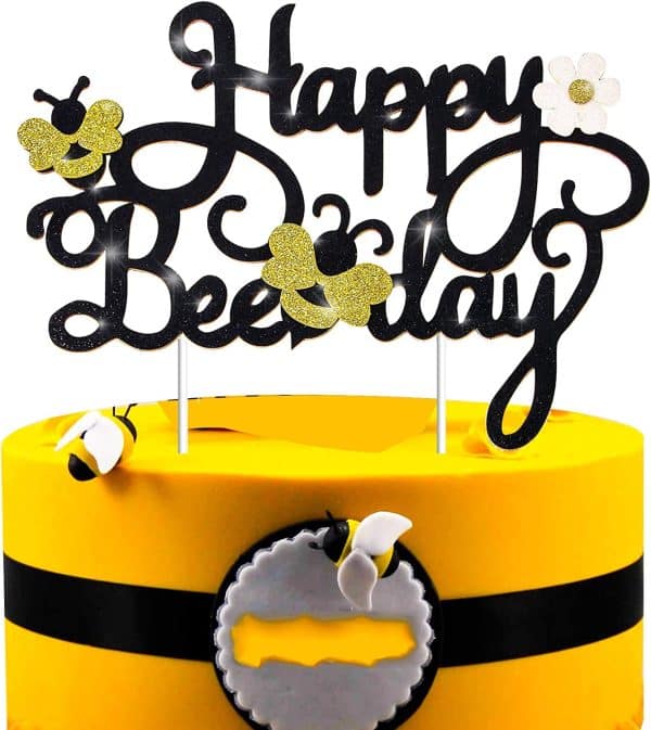 Happy Bee Day Cake Topper Decoration for Bee Bumble Themed Happy 1st 2nd Birthday Party Baby Shower Glitter Bee Cake Topper Photo Booth Prop Supplies (Bee Theme Glitter Cake topper)