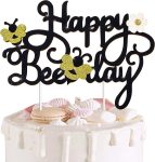 Happy Bee Day Cake Topper Decoration for Bee Bumble Themed Happy 1st 2nd Birthday Party Baby Shower Glitter Bee Cake Topper Photo Booth Prop Supplies (Bee Theme Glitter Cake topper)