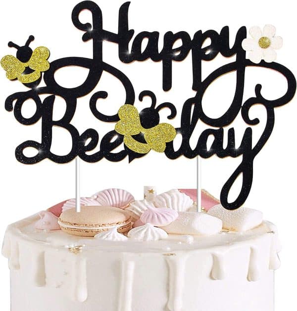 Happy Bee Day Cake Topper Decoration for Bee Bumble Themed Happy 1st 2nd Birthday Party Baby Shower Glitter Bee Cake Topper Photo Booth Prop Supplies (Bee Theme Glitter Cake topper)