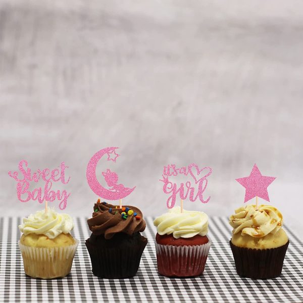Baby Shower Girl Cupcake Toppers with Moon Glitter Star Sweet Baby Girl Cupcake Picks Baby Shower Kids Girl Birthday Party Cake Decorations Supplies Pink (Sweet Baby Girl)