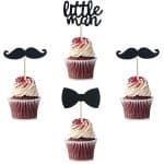 Black Little Man Mini Mustache Bowtie Cupcake Toppers for Baby Shower Party Decorations