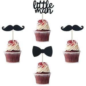 Black Little Man Mini Mustache Bowtie Cupcake Toppers for Baby Shower Party Decorations