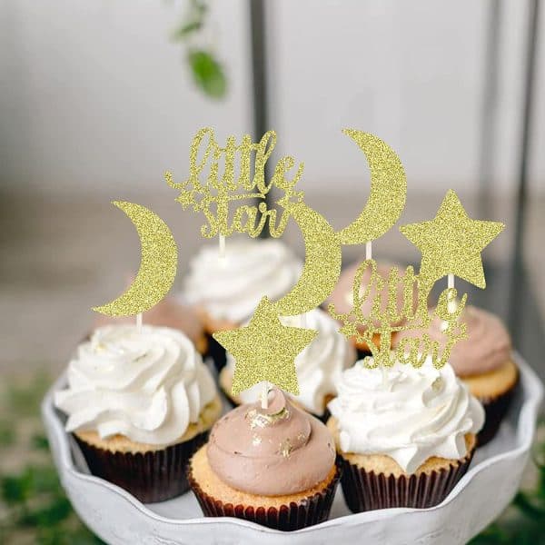 Little Star Cupcake Toppers with Moon Gold Glitter Star Cupcake Picks Baby Shower Kids Birthday Party Cake Decorations Supplies