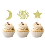 Little Star Cupcake Toppers with Moon Gold Glitter Star Cupcake Picks Baby Shower Kids Birthday Party Cake Decorations Supplies