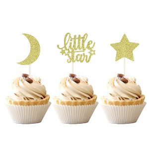 Little Star Cupcake Toppers with Moon Gold Glitter Star Cupcake Picks Baby Shower Kids Birthday Party Cake Decorations Supplies