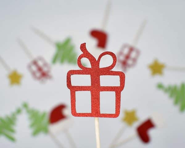 Christmas Glitter Cupcake Topper Food Fruit Picks Decorations for Christmas Party Favors Includ Santa Hats, Christmas Tree, Red Socks, Gift, Star