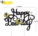 Happy Bee Day Cake Topper Decoration for Bee Bumble Themed Happy 1st 2nd Birthday Party Baby Shower Glitter Bee Cake Topper Photo Booth Prop Supplies (Bee Theme Glitter Cake topper)