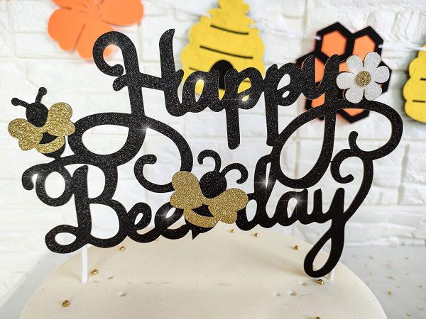 Happy Bee Day Cake Topper Decoration for Bee Bumble Themed Happy 1st 2nd Birthday Party Baby Shower Glitter Bee Cake Topper Photo Booth Prop Supplies (Bee Theme Glitter Cake topper)