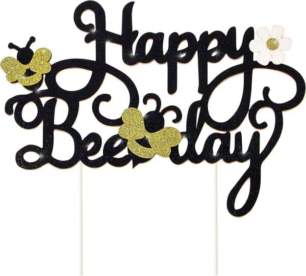 Happy Bee Day Cake Topper Decoration for Bee Bumble Themed Happy 1st 2nd Birthday Party Baby Shower Glitter Bee Cake Topper Photo Booth Prop Supplies (Bee Theme Glitter Cake topper)