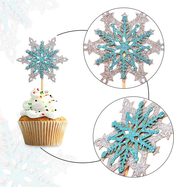 Frozen Snowflake Cupcake Toppers Double Layers Silver and Blue Winter Theme Cupcake Picks Baby Shower Kids Birthday Party Christmas Cake Decorations Supplies