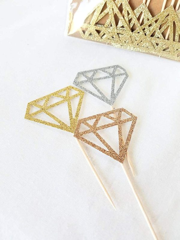 Gold Glitter Diamond Ring Donut Toppers Cupcake Picks for Bridal Shower Engagement Party Decorations