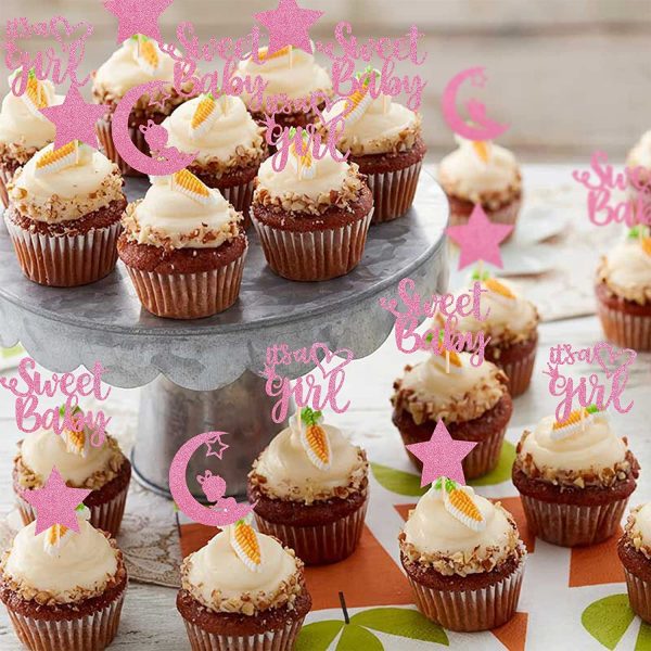 Baby Shower Girl Cupcake Toppers with Moon Glitter Star Sweet Baby Girl Cupcake Picks Baby Shower Kids Girl Birthday Party Cake Decorations Supplies Pink (Sweet Baby Girl)