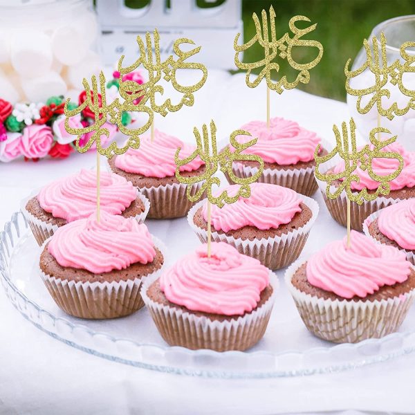 Gold Glitter Eid Mubarak Cupcake Toppers Arabic Happy Eid Ramadan Kareem Cake Decorations Islamic Muslim Party Supplies Decorations