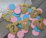 Baby Shower party decorations, baby onesie, blue and pink circles, onesie with question marks, gold glitter, baby shower tabe confetti decorations