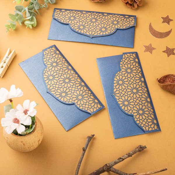 Eid Mubarak Ramadan Money Envelopes for Gifting - Happy Eid Laser Cut Envelopes (Blue)