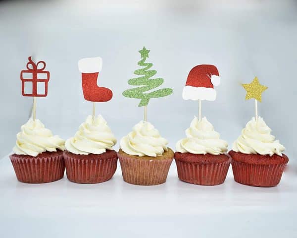 Christmas Glitter Cupcake Topper Food Fruit Picks Decorations for Christmas Party Favors Includ Santa Hats, Christmas Tree, Red Socks, Gift, Star