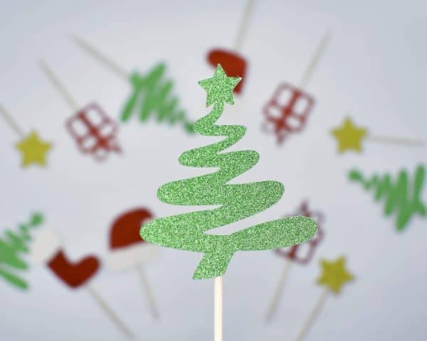 Christmas Glitter Cupcake Topper Food Fruit Picks Decorations for Christmas Party Favors Includ Santa Hats, Christmas Tree, Red Socks, Gift, Star
