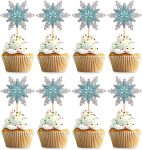 Frozen Snowflake Cupcake Toppers Double Layers Silver and Blue Winter Theme Cupcake Picks Baby Shower Kids Birthday Party Christmas Cake Decorations Supplies