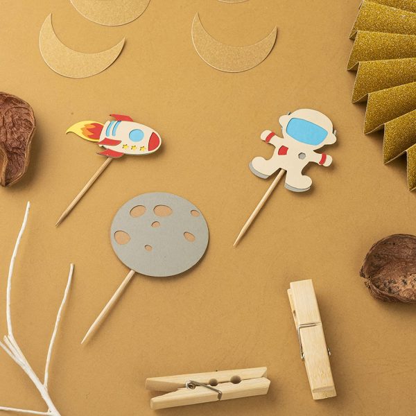 Space Astronaut Cupcake Toppers Planet Rocket Spaceship Trip to the Moon Star Cupcake Food Picks Universe Outer Space Theme Baby Shower Kids Birthday Party Cake Decorations