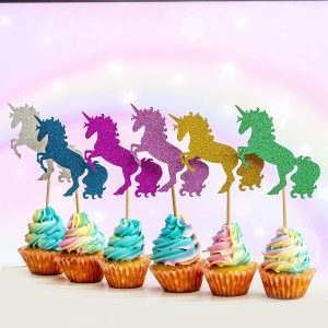 Unicorn Cupcake Toppers - Unicorn Party Glitter Colorful Cupcake Toppers Supplies - Baby Shower Girls Party Dessert Food Picks Decorations